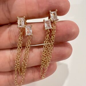 Gold Chain Drop Earrings with Clear Stone Accents - Women Jewelry